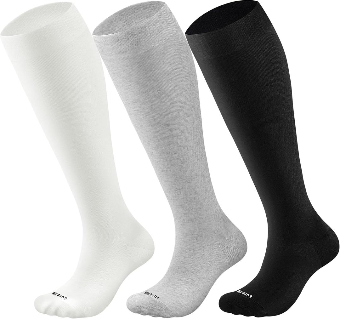Cotton Compression Socks for Women&Men 15-20mmHg Knee High Cute Support Sock for Nurses, Pregnant Women, Travel (Large-X-Large, 3 Pairs-black&grey&white)