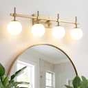 URSOLA 4 Lights 30" Bathroom Vanity Light Fixtures, Antique Brass Mid Century Modern Vanity Light with Opal Globe Glass Shades, G9 Socket, Bathroom Light Fixtures Over Mirror for Bathroom
