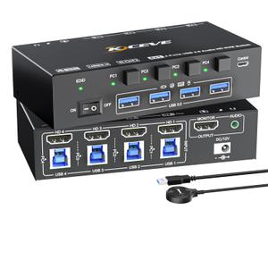 HDMI KVM Switch with Audio, 4 Ports KVM Switcher 8K@60Hz, with EDID Emulator for 4 Computers Share Mouse Keyboard and Monitor