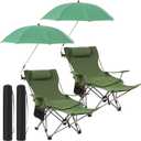 Yuntau 2 Set Reclining Beach Chairs with UPF 50+ Umbrellas Shade, Upgraded Heavy Duty Portable Folding Lounge Camping Chair with Canopy Removable Footrest & Headrest for Outdoor Patio(Green), 61.42 x 35.24 x 21.26 inches