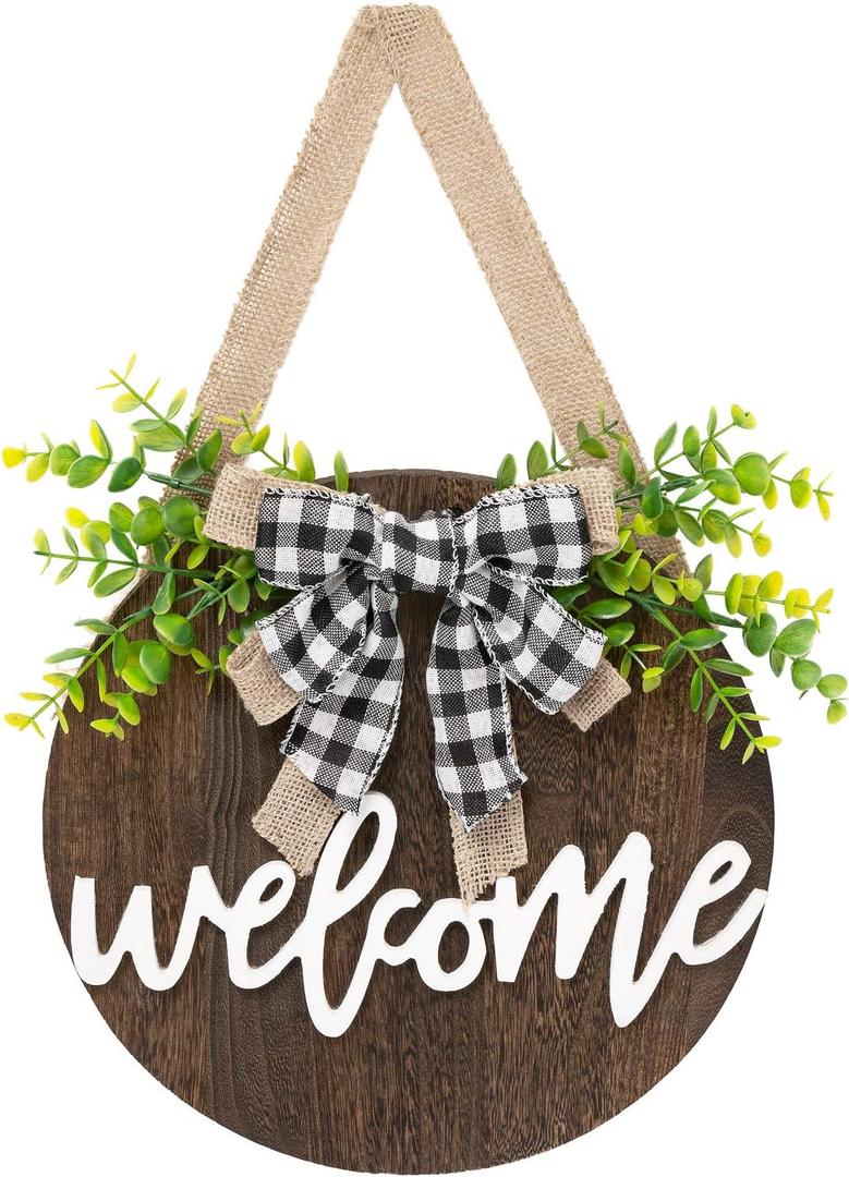 Dahey Welcome Sign for Front Door Decor 12'' Farmhouse Round Wood Wreath Wall Hanging Outdoor Home Porch Decorations for Christmas Day Winter Spring All Seasons Holiday Housewarming Gift, Brown (Small)