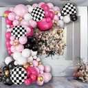 Pink Race Car Balloon Arch Kit,Hot Pink White Black Balloons Garland Kit with Black White Plaid Foil Balloons for Racing Car Theme Birthday Party