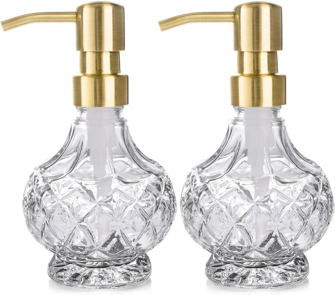Glass Soap Dispenser Bathroom Hand Soap Dispenser with Stainless Steel Pump Liquid Soap and Lotion Dispenser Vintage Soap Dispenser Set for Bathroom Kitchen (Brushed Gold)