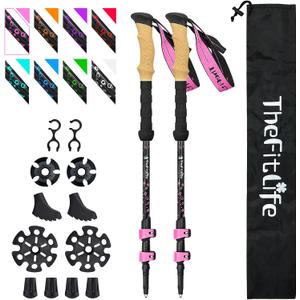 TheFitLife Carbon Fiber Trekking Poles Collapsible and Telescopic Walking Sticks with Natural Cork Handle and Extended EVA Grips, Ultralight Nordic Hiking Poles for Backpacking Camping (Black)