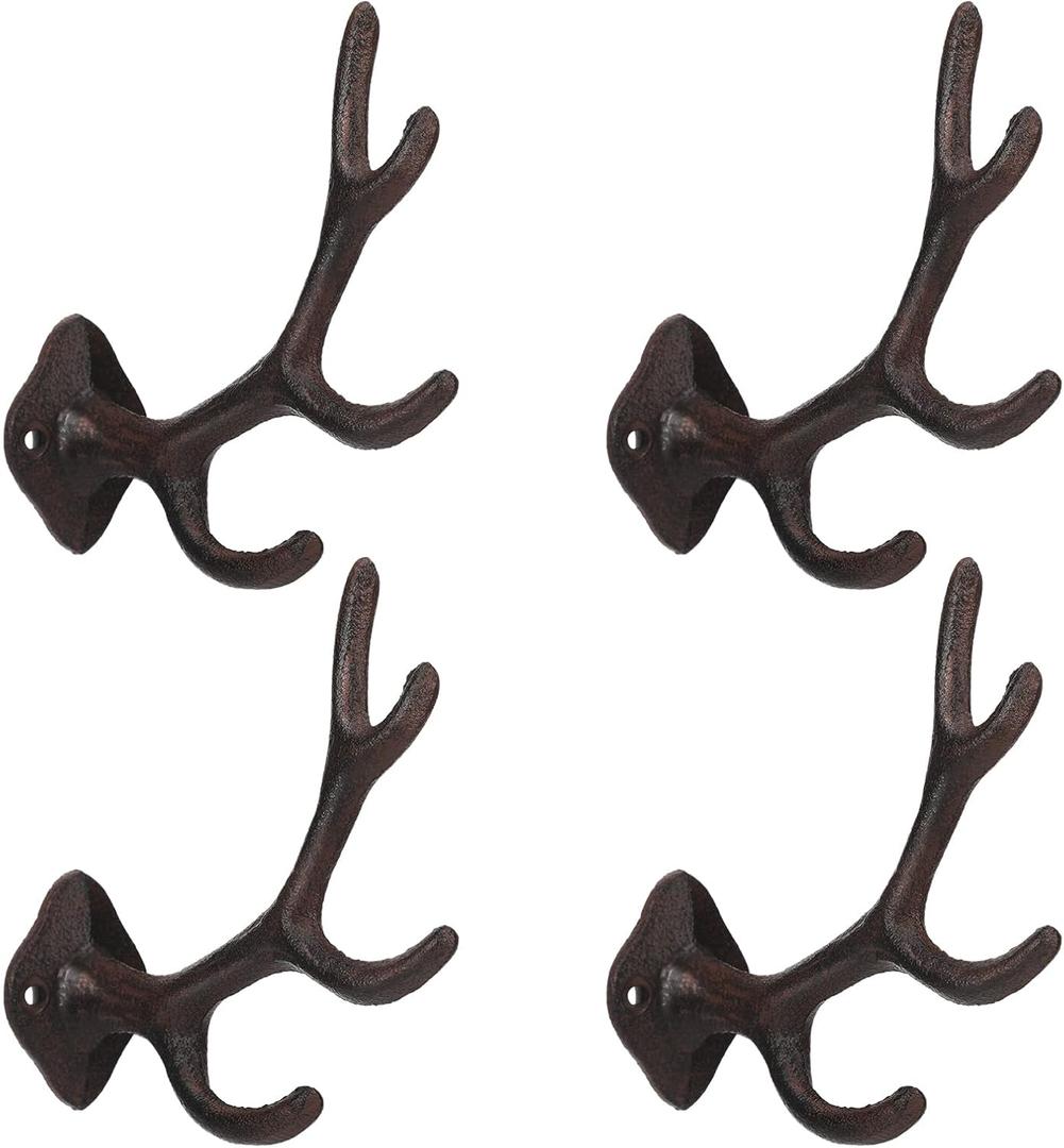Chumia 4 Pcs Rustic Cast Iron Coat Hooks Wall Mounted Farmhouse Deer Antler Hooks 5.6 Inch 4 Points Heavy Duty Decorative Vintage Wall Hangers for Coats Keys Bags Hats Towels (Brown)