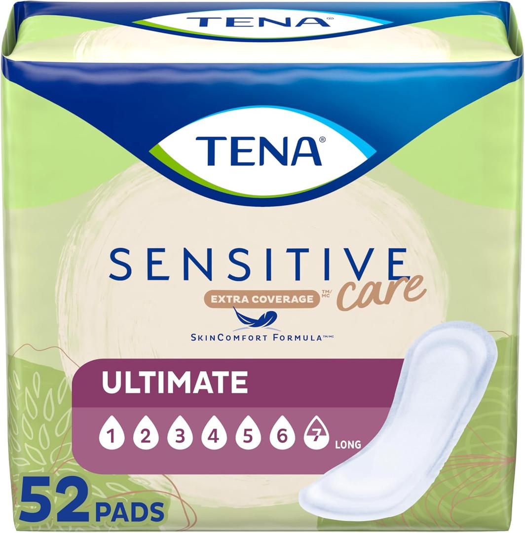 TENA Incontinence Pads, Bladder Control & Postpartum for Women, Ultimate Absorbency, Extra Coverage, Long, Sensitive Care, 52 Count
