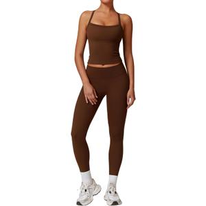 QBGJTD Womens Workout Sets Two Piece Cross Back Tank Top Matching High Waist Leggings Sets Gym Outfits Work Out Clothes (Brown, L)