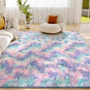 Litanika 8x10 Shag Area Rug for Bedroom, Tie-Dyed Blue Rainbow Plush Rug