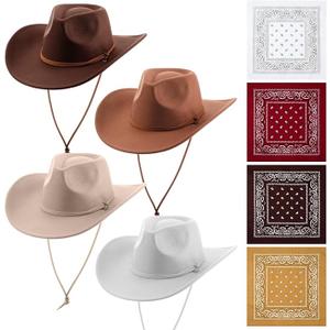 4 Sets Cowboy Hats Bandanas Felt Western Wide Brim Belt Buckle Panama Hats Bandanas Set for Women Men Burning Rodeo