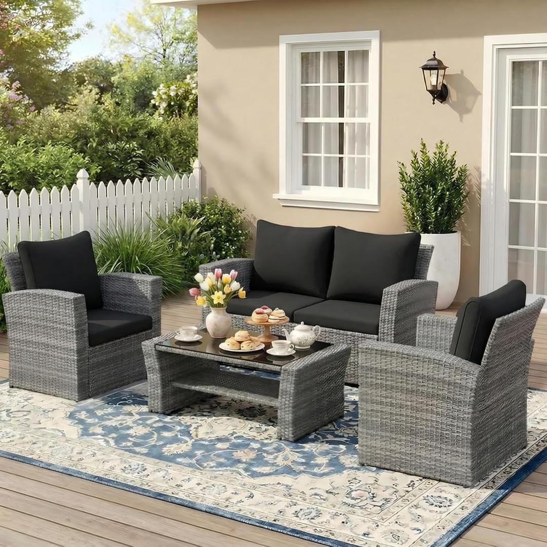Wisteria Lane Patio Furniture Set, Wicker Outside Outdoor Furniture for All Weather, Patio Sofa with High Backrest Support and Wide Armrest for Backyard, Balcony, Deck, Porch, Black (4)