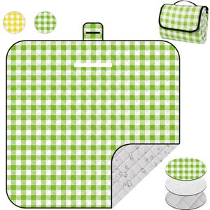 78.7''x78.7'' Extra Large Picnic Beach Blankets, 3 Layers Plaid Waterproof Thickened Foldable Camping Blanket, All-in-one Portable Mat, Suitable for Park, Camping, Outdoor Indoor, Green