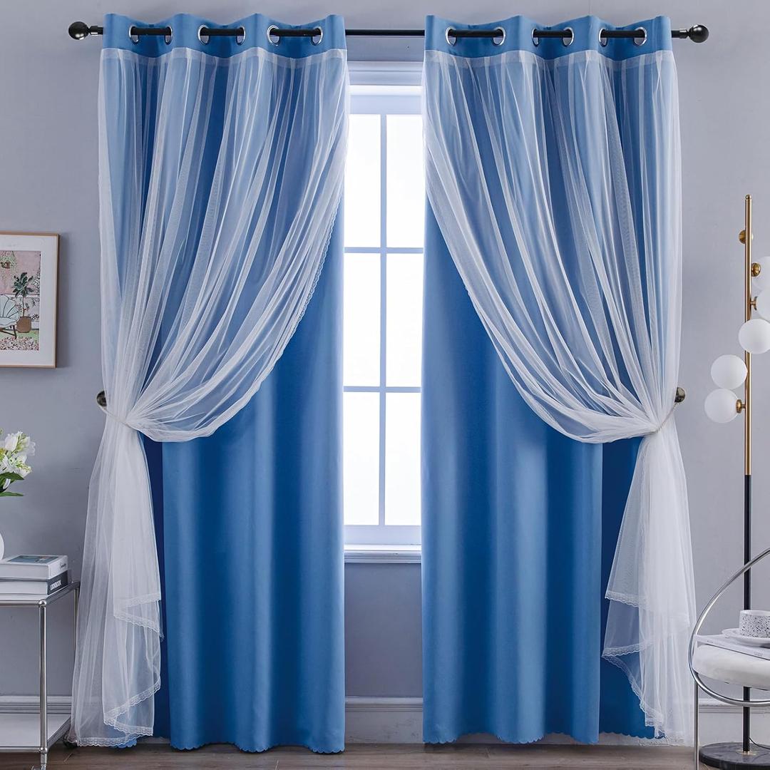Anytime Home Curtains Blackout and Sheer Layered Solid Window Curtain Panel Pair with Grommet Top, 52Wx84L, Blue
