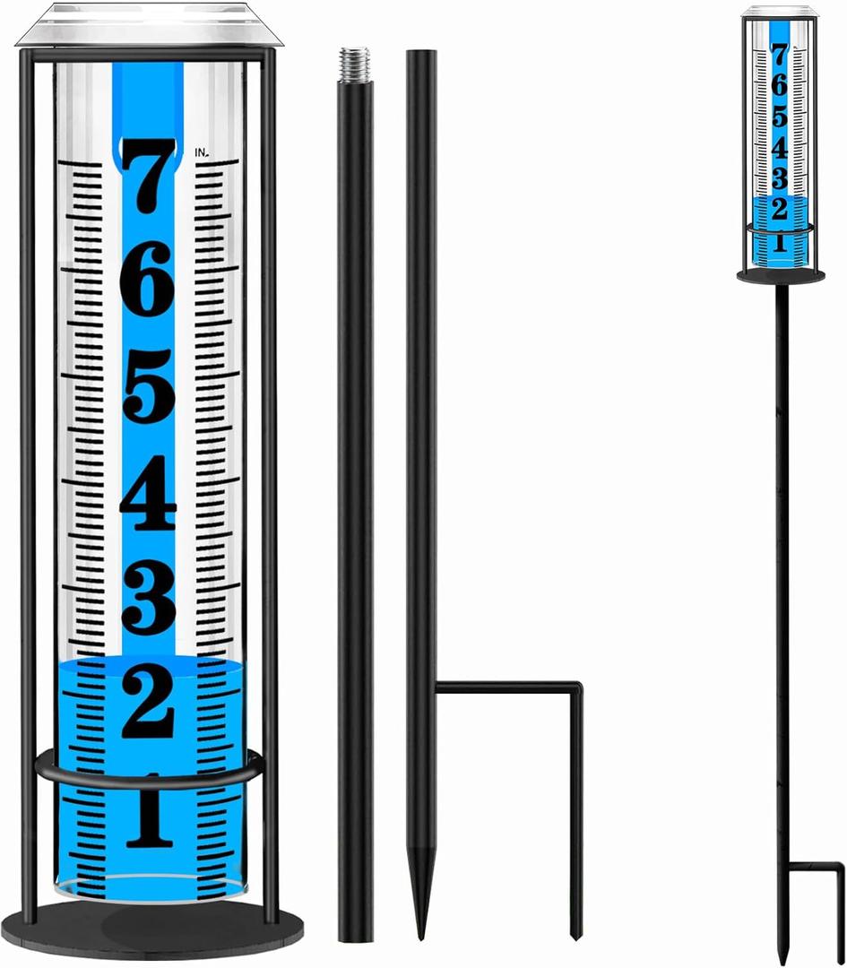 Rain Gauge Outdoor,Accurate Rain Gauges Outdoors Best Rated,Upgraded Freeze Proof Rain Measure Gauge for Yard Fence,Rain Meter with Stake,Large Font Water Gauge for Rain,Adjustable Height,Easy to Read