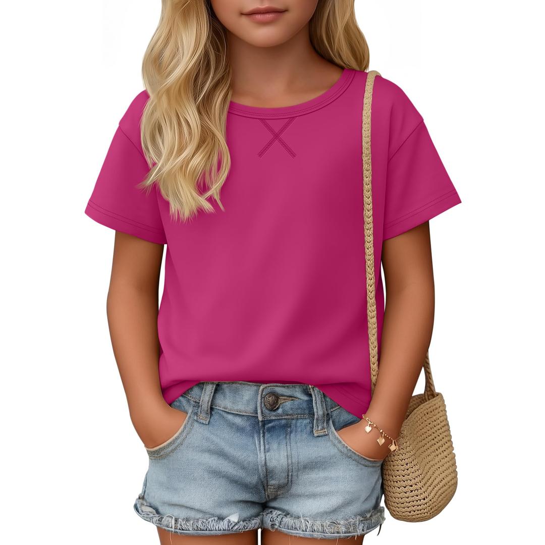YooAurvox Girls Short Sleeve Shirts 5-14Y, Rose Red, 13-14 Years