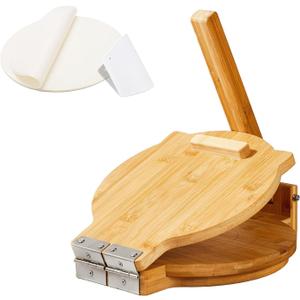 Wooden Tortilla Press 10 Inch - Tortilla Maker Bamboo Prensa para Tortillas with 50 Parchment Paper & Dough Cutter, Mexican Tortillera Press for Homemade Corn Tortillas, Burritos, Taco, Roti