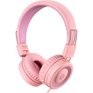 noot products Kids Headphones K11 Foldable Stereo Tangle-Free 5ft Long Cord 3.5mm Jack Plug in Wired On-Ear Headset for iPad/Girls/Boys/School/Laptop/Travel/Plane/Tablet-Soft Pink (4 x 5 x 2 in)