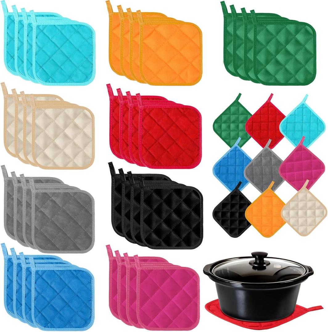 Layhit 36 Pcs Pot Holders for Kitchens Cotton Heat Resistant Potholders Oven Pot Holders Washable Hot Pads Bulk Potholders with Hanging Loops Cloth Coaster Mitts for Cooking Baking 7 x 7 Inch 9 Colors