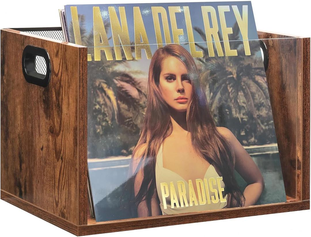 Vinyl Record Storage Crate, Holds up To 60 LPs, Album Visible Storage Box with Acrylic Front, Handle, Wooden Multi-Purpose Organizer for Records, Magazines and Books, for Desktop and Home Office (1 Pack)