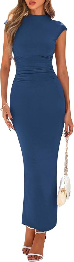 PRETTYGARDEN Women's Summer Maxi Dress Ruched Bodycon Sleeveless Formal Wedding Guest Elegant Cocktail Party Slit Dresses Dark Blue L