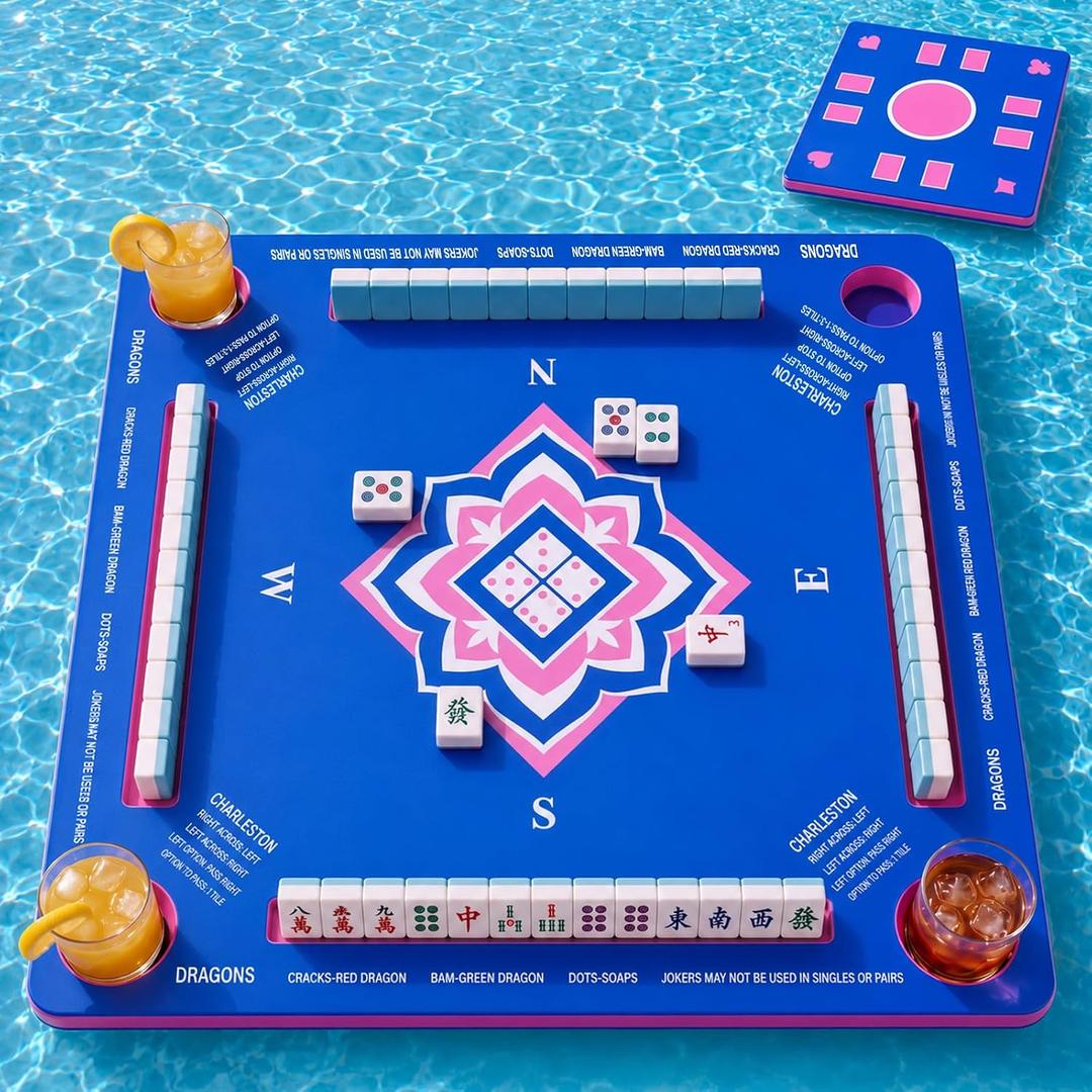 32x32'' Floating Mahjong Table for Pool, Double-Sided Mahjong/Poker Board | Non-Inflatable Waterproof EVA Foam Game Mat for Cards, Dominoes, Tile Grooves, Hot Tubs and Pool Parties, 4 Cup Holders