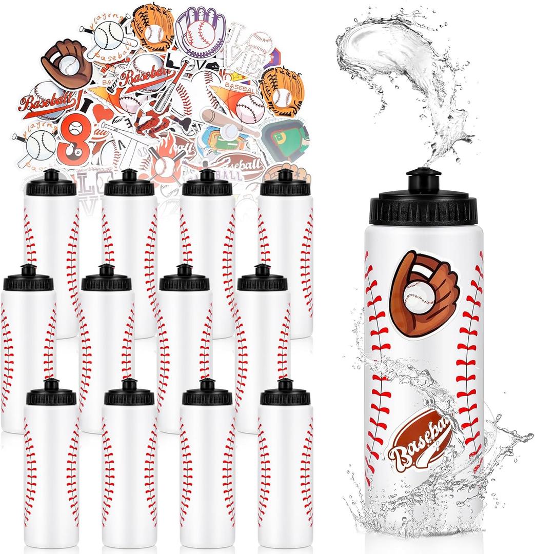 DIQIUREN 12 PCS Baseball Water Bottle Bulk with 300 PCS Stickers, 20 OZ Plastic Reusable Baseball Water Bottles for Boys, Squeeze Water Bottles Sports for Baseball Team, Sports Bottles Squeeze for Gym