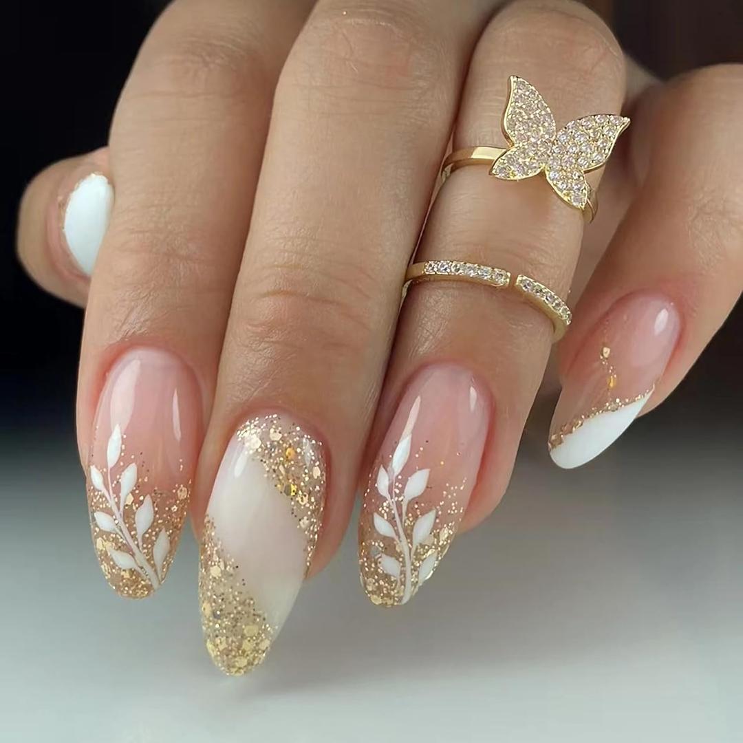 4 x MERVF Almond Press on Nails Medium Fake White French Tip Glue ons Nail Gold Lines Stiletto Acrylic Leaf Print Design Manicure Supplies Glossy 24pcs