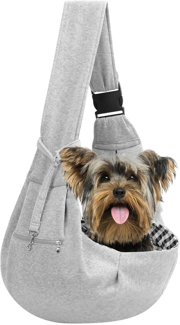 Adjustable Dog Carrier Sling - Hand-Free Dog Carriers for Small Dogs and Cats, Puppy Sling Carrier with Zipper Purse Pocket, Travel Safety Harness, Puppy Essentials (Gray)