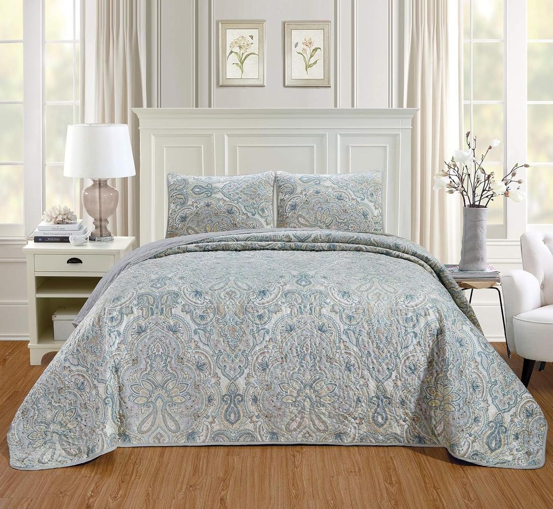 GrandLinen - 3-Piece Oversize (California) Cal King (118 X 95) Quilt Set Velvet Bedspread Coverlet Fine Printed Warm Winter Bed Cover (Pale Blue, Light Grey, Paisley)