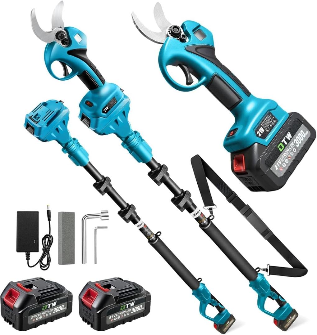 Electric Pruning Shears with Pole 1.4-2.0 Cutting Diameter & 2-IN-1 Electric Pole Pruner,2PCS 21V 3.0Ah Batteries,Brushiless Motor,4 Modes Adjustable Branches Cutter for Flower, Tree Trimming(Blue)