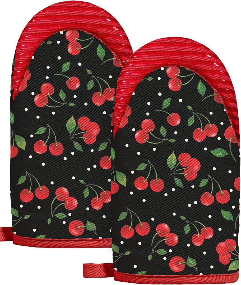 Slohif Cherry Mini Oven Mitts Set  Red Extended Short Heat Resistant Kitchen Gloves for Women, 100% Cotton Oven Mitts with Silicone Grips, Non-Slip and Thick Durable for Cooking & Baking (Black)
