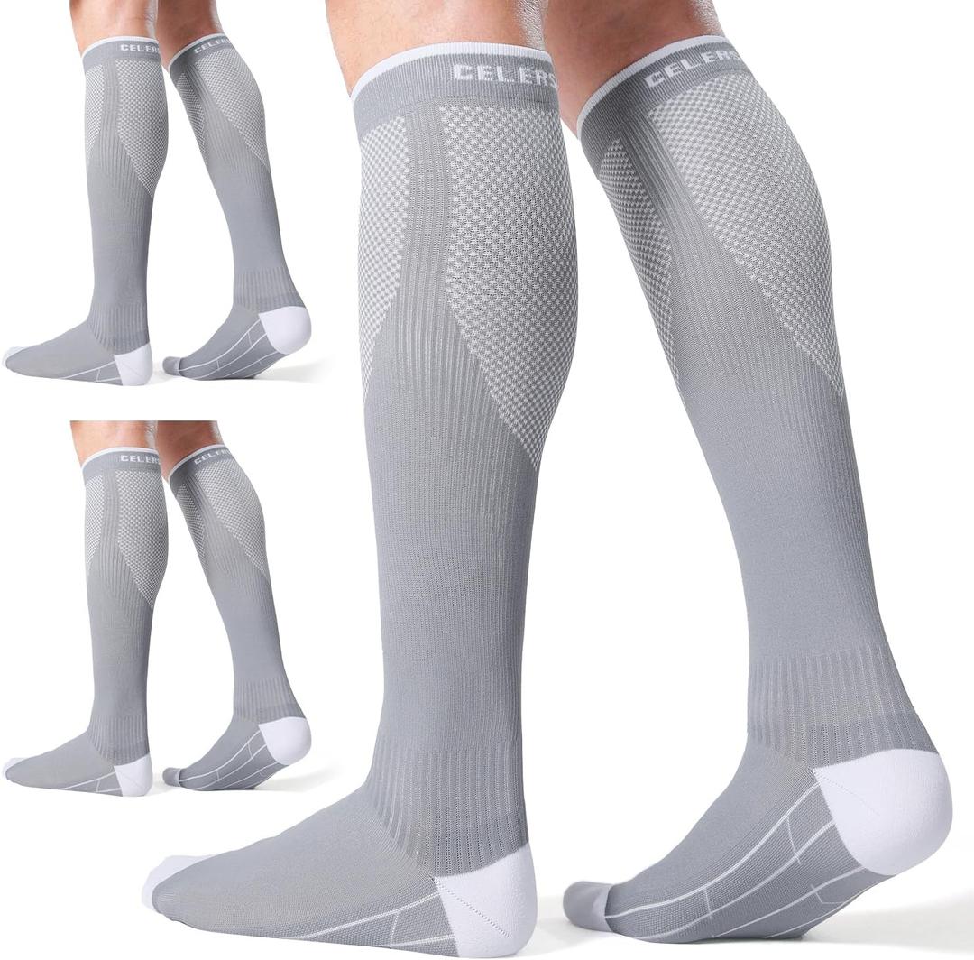 CS CELERSPORT 3 Pairs Compression Socks for Men and Women 20-30 mmHg Running Support Socks (Large-X-Large, Grey (3 Pack)