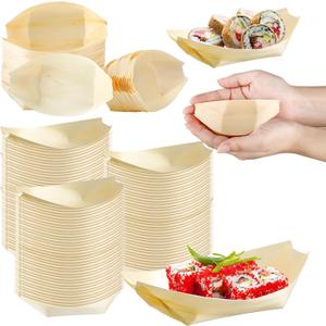 Hoolerry 300 Pcs Disposable Wood Boat Plates Dishes 4 Inches Bamboo Plates Sushi Boat Disposable Bamboo Leaf Dish Serving Tray Food Container Wood Bowl For Catering Home, about 4 x 2.56 inches/ 11.5 x 6.5 cm