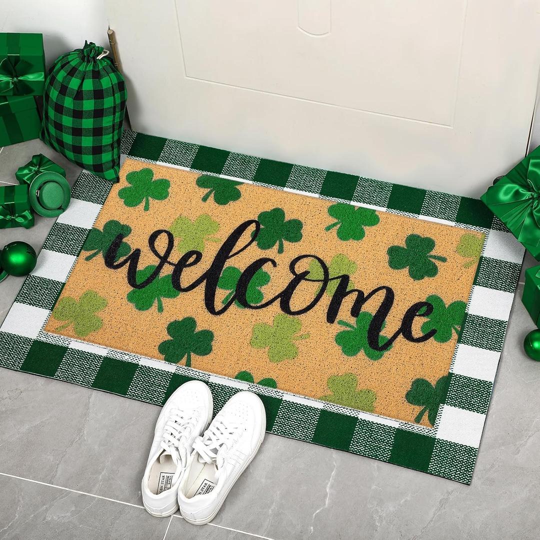 2 Pcs Door Mat Welcome Non Slip Coir Mats Floor Layering Doormats Seasonal for Front Porch Entryway Decor(St Patrick's Day)