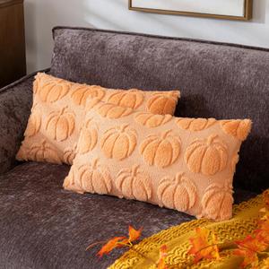 Pumpkin Fall Decorative Throw Pillow Covers 12"x20", Set of 2 Light Gold Soft Faux Fur Pillow Covers for Autumn Harvest, Fluffy Plush Accent Pillow Cases for Farmhouse Couch Cushion Covers