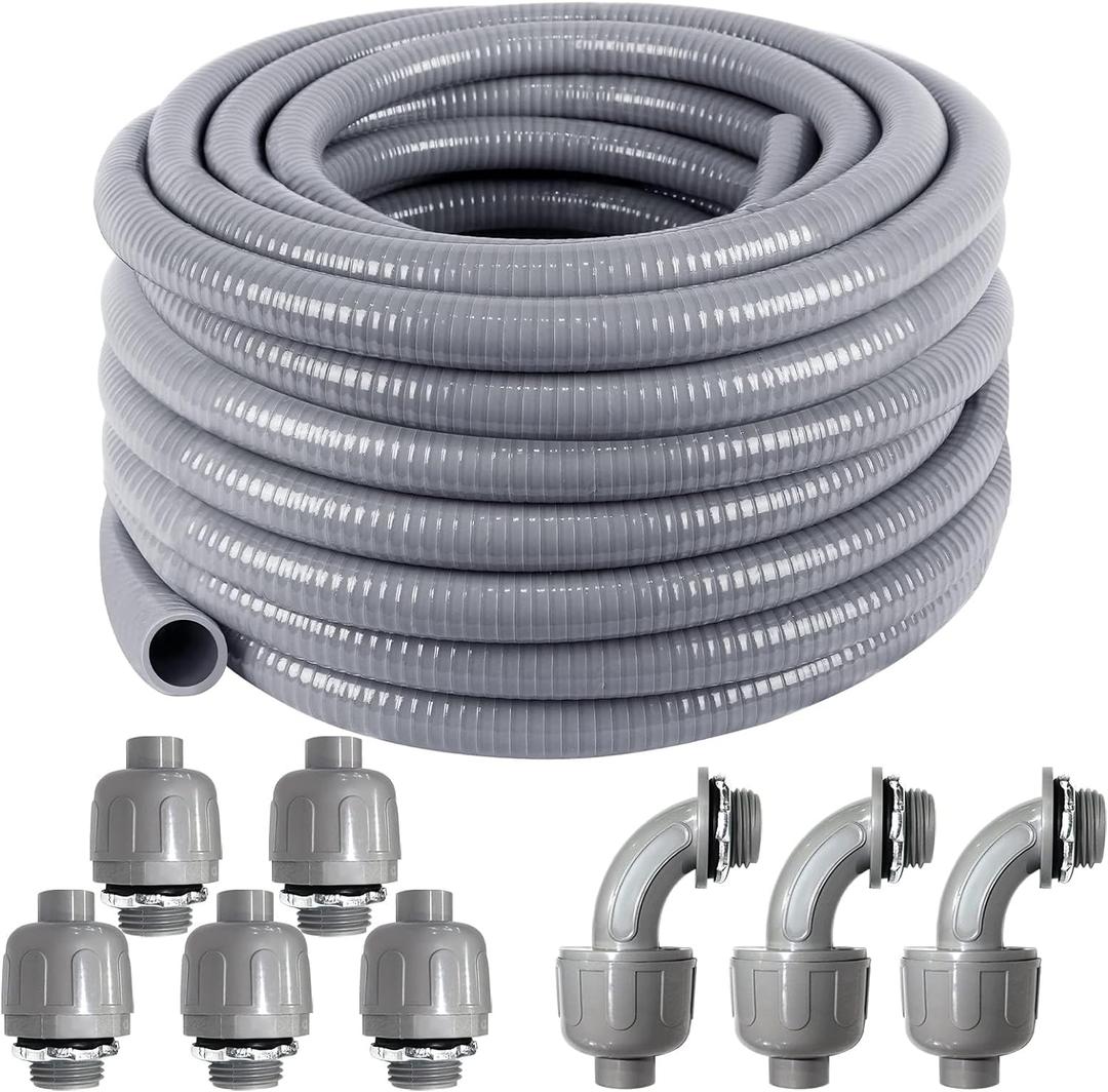 1inch 50ft Electrical Conduit Kit,Liquid-Tight Conduit and Connector Kit with 5 Straight and 3 Angle Fittings Included,Flexible Non -Metallic Liquid Tight Electrical Conduit(1" Dia, 50 Feet)