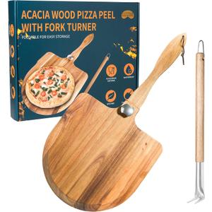 Acacia Wood Pizza Peel & Wooden Paddle Set  Folding Handle Pizza Board with 18 Turning Fork, Pizza Oven Tools & Accessories for Homemade Pizza, Bread & Baking, Gifts for Pizza Lovers