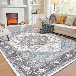 OPPODREAM Soft Area Rugs 9x12 Living Room, Washable Rugs 9x12 with Non Slip Backing, Faux Cashmere Low-Pile 9 x 12 Carpet, Grey & Teal & Yellow