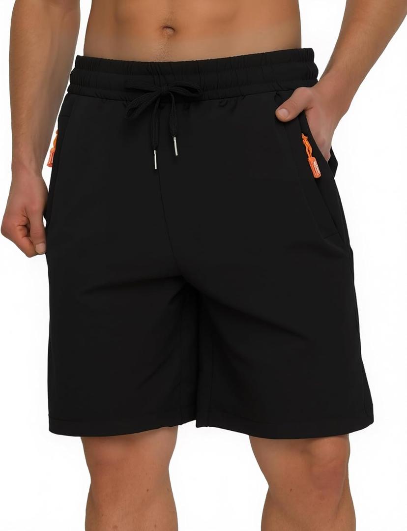 Men's 7" Athletic Hiking Shorts Quick-Dry Lightweight Gym Running Shorts with Zipper Pockets for Outdoor Workout (Black, M)