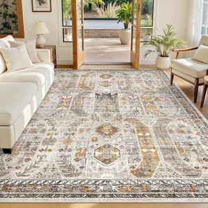 Madane 5x7 Area Rugs for Living Room, Stain Resistant Washable Rugs, Non-Slip Backing Area Rug, Vintage Home Decor Rug for Bedroom (Brown/Gold, 5'x7')