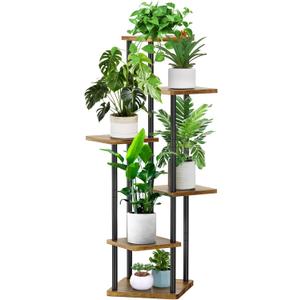YOCOMEY 6 Tier Wood Tall Plant Stand Metal Rack Indoor, Multiple Flower Pot Holder Shelves Corner Rack, Planter Shelf Display Rack Storage Organizer for Patio Living Room Balcony Garden(Black)
