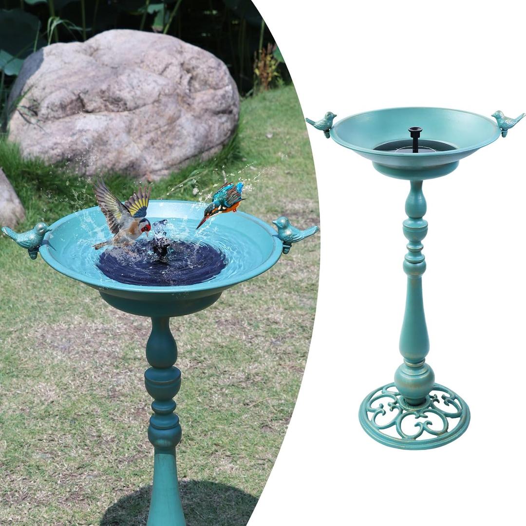 26.6" H Solar Bird Bath, Cast Iron Bird Bath and Solar Fountain, Outdoor Metal Bird Bath Bowl for Outdoors,Patio Yard Lawn DecorBronze