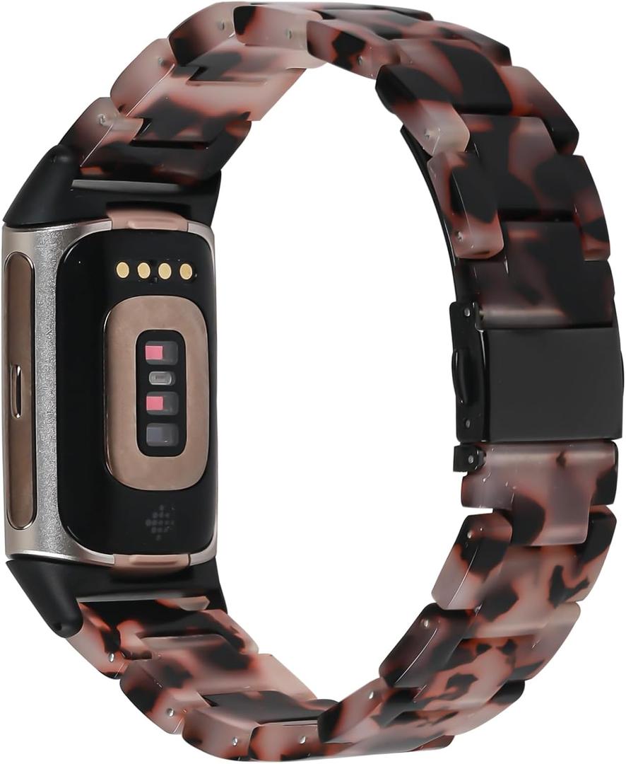 Resin Band Compatible with Fitbit Charge 6/ Fitbit Charge 5, Waterproof & Lightweight Bracelet Wristband Replacement with Stainless Steel Buckle, Fashion Strap for Fitness Tracker Women (Tortoise Stone Flower)