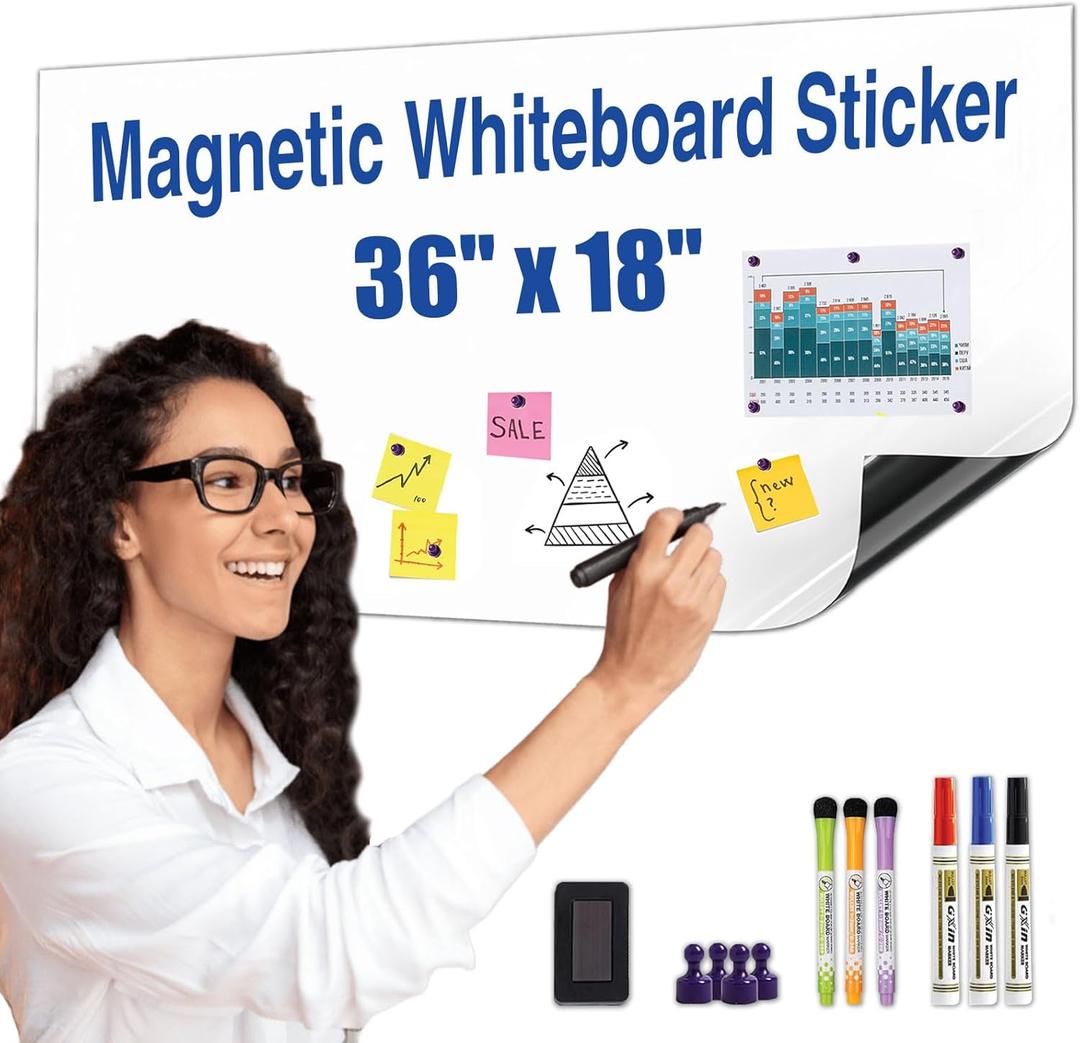 HeatPomelo Magnetic Whiteboard Sticker - Adhesive Backing 36'' x 18'' Dry Erase Board for Wall Whiteboard Contact Paper for Office Home Include Starter Kit