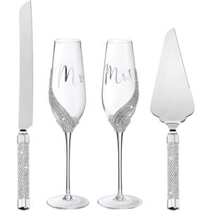 Sratte 4 Pcs Wedding Cake Knife and Champagne Flutes Server Set, Toasting Crystal Rhinestone Champagne Flutes Glasses Cake Knife Pie Server Wedding Gifts for Couple Bride Groom (Silver)