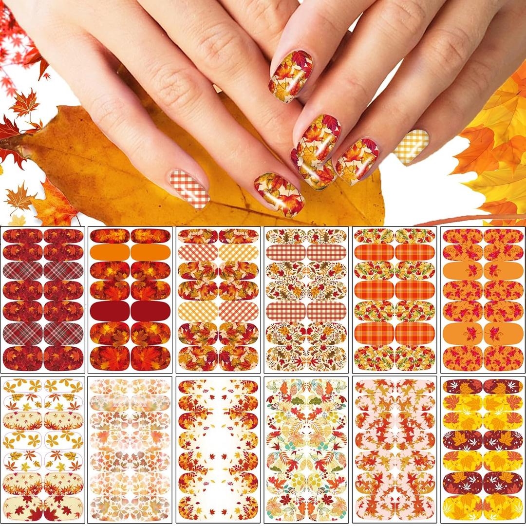 12 Sheets Fall Full Nail Wraps Stickers, Autumn Nail Polish Strips DIY Self-Adhesive Maple Leaf Nail Art Decals with 2 Piece Nail Files for Thanksgiving Party Decor (168 Pieces)