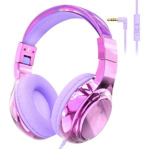 QearFun Kids Headphones Wired with Mic, 85/94dB Safe Volume Limit, Foldable Over Ear, Tangle-Free Cord & Sharing Port, Wired On-Ear Headset for School, Chromebook, Tablet, Travel - Boys & Girls (Light Purple)