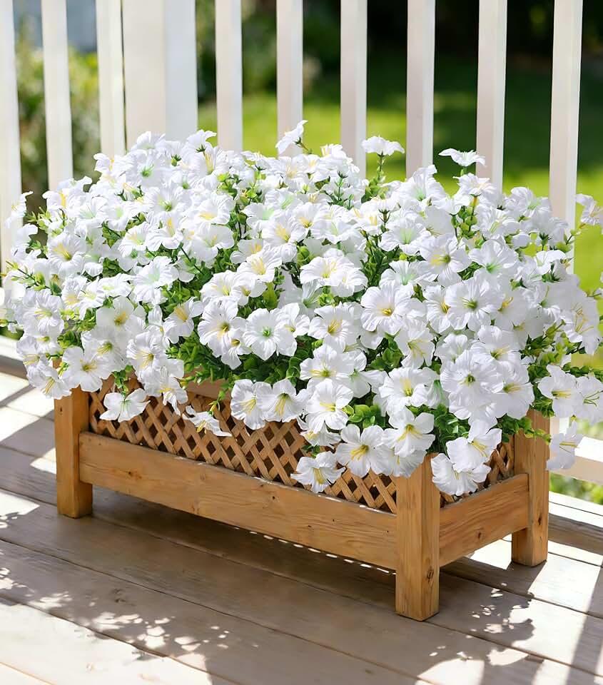 Artificial Flowers for Outdoors Decoration, 20 Bundles White Faux Morning Glory with Eucalyptus Look Real UV Resistant Fake Plants Silk Flowers for Outside Yard Gardens Porch Patio Planter Home Urn