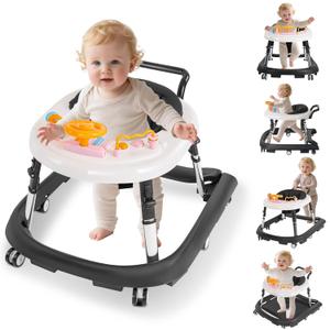 Foldable Baby Walker with Wheels  9 Adjustable Heights, Reinforced Frame, Activity Center with Music & Lights, Removable Tray, Two Rear Wheel Modes (Swivel or Forward-Only) for Babies 6-18 Months (Black)