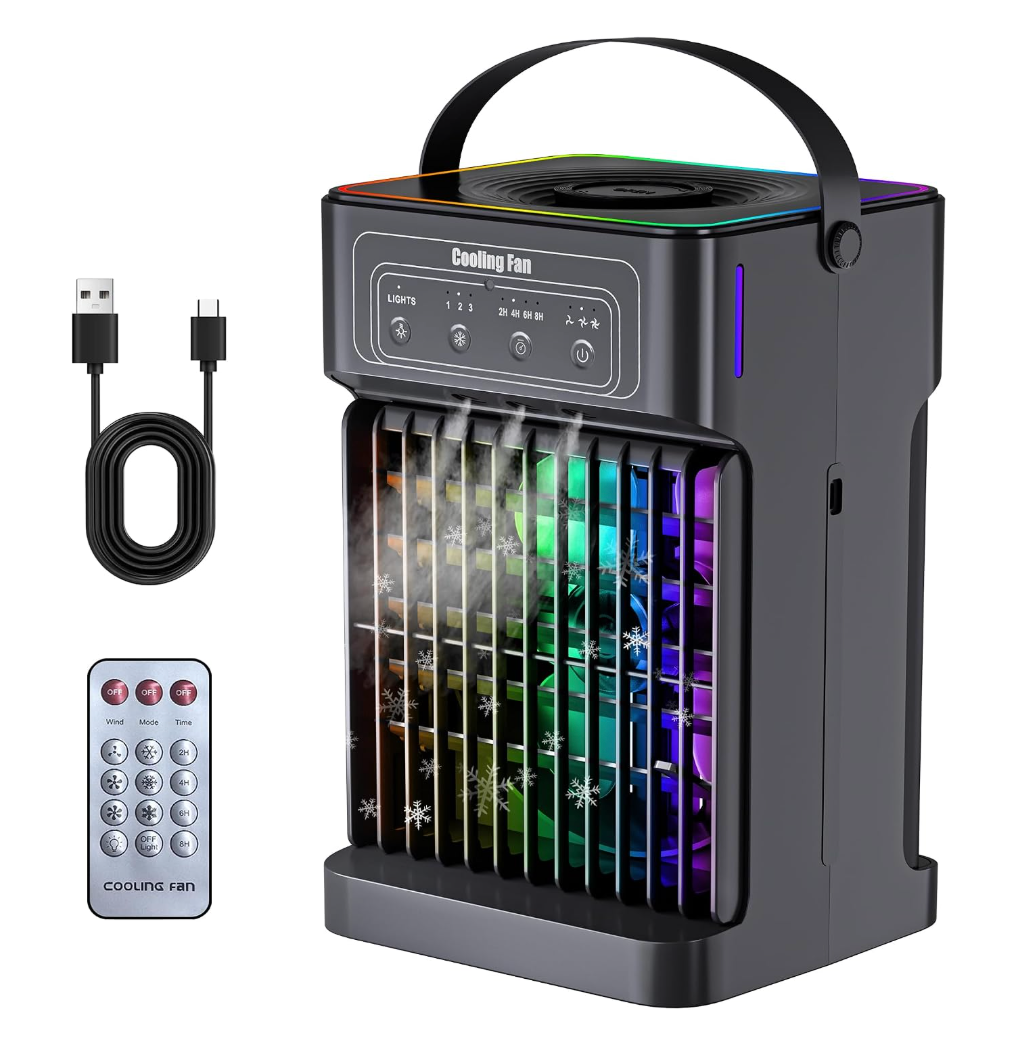 Portable Air Conditioners, 2026 Upgraded 4-IN-1 Quiet Portable AC Unit with Remote, 1100ML Tank Evaporative Air Cooler, 7 Color Light Personal Mini Air Conditioner for Bedroom,Office, Camping, Car,RV