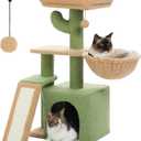PETEPELA Cactus Cat Tree for Indoor Cats, 32'' Small Cat Tower Cat Condo with Sisal Scratching Ramp, Cozy Hammock and Removable Top Bed Perch for Kittens, Green (Scratching Tree)